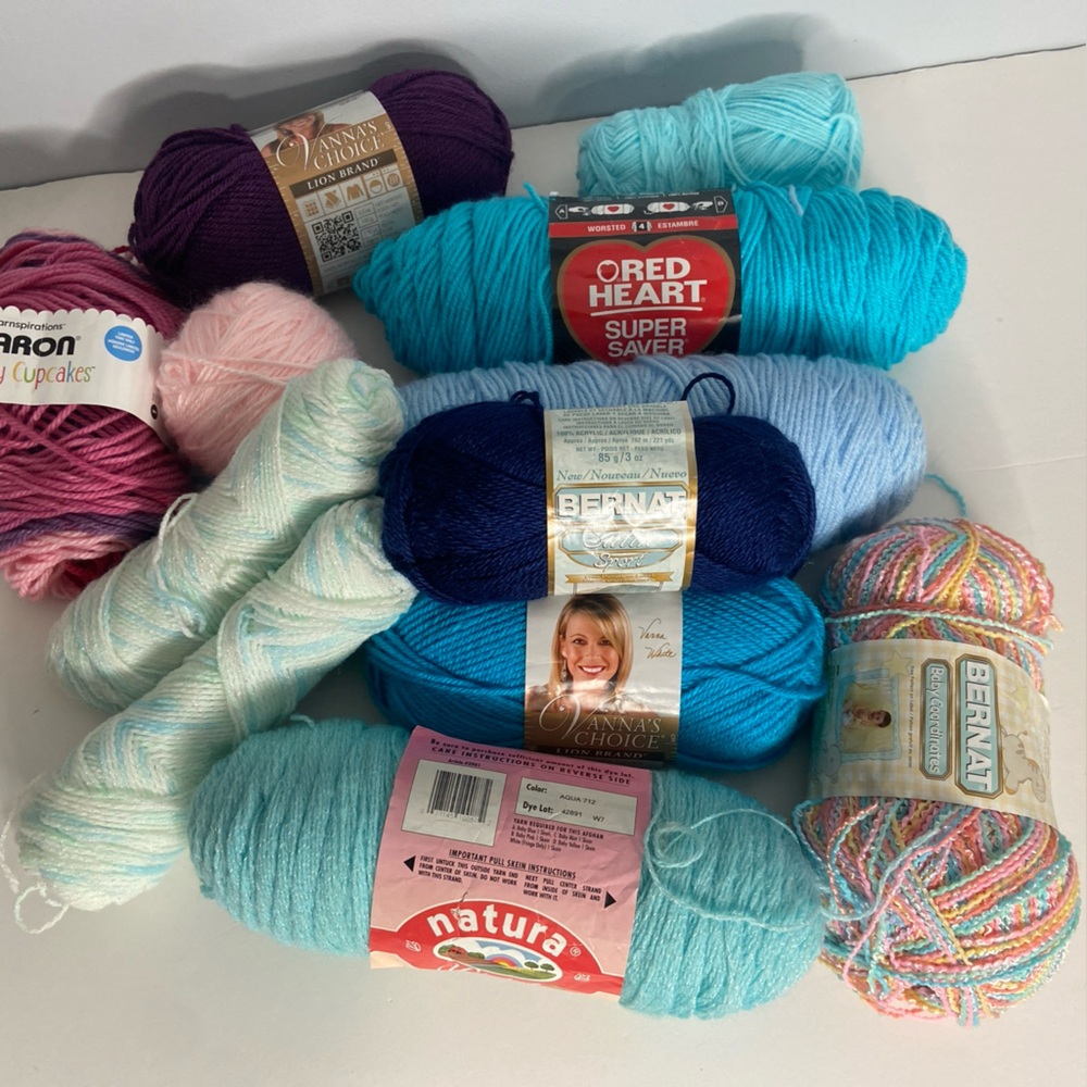 Mixed lot baby yarn blue pink purple Red Heart Bernat Lion Brand